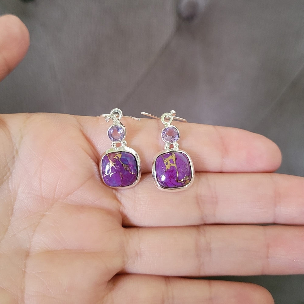 Shivam Square Shaped Purple💜 Copper Turquoise With Gold💛 Veins Earrings - Picture 15 of 16